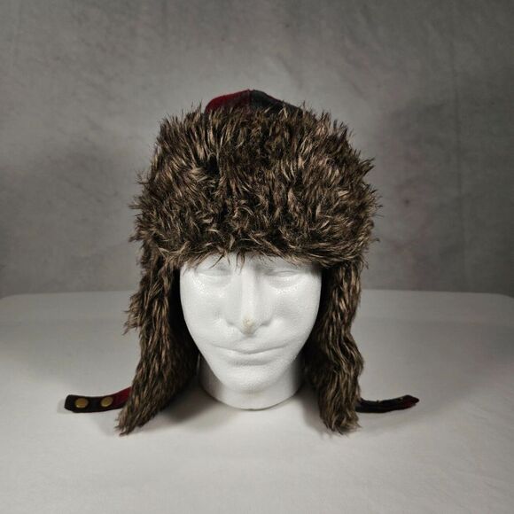 Swiss Tech Mens Faux Fur Trapper Hat Ear Flap Cap Buffalo Quilted Red Plaid OSFM - Picture 1 of 7